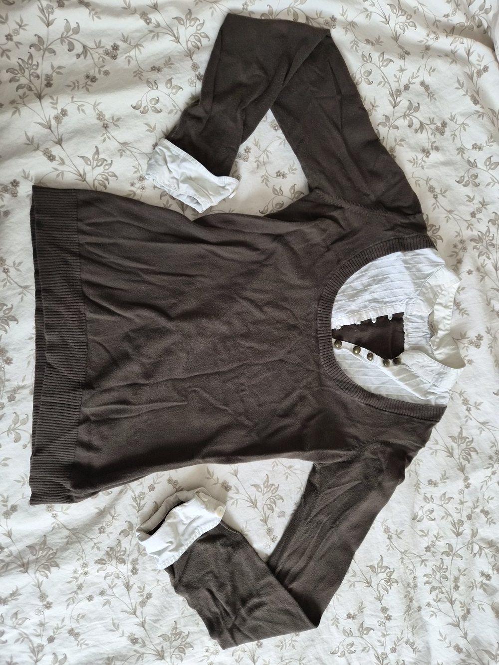RW&CO. Brown-green Knit Sweater with White Shirt-Layer Detail
